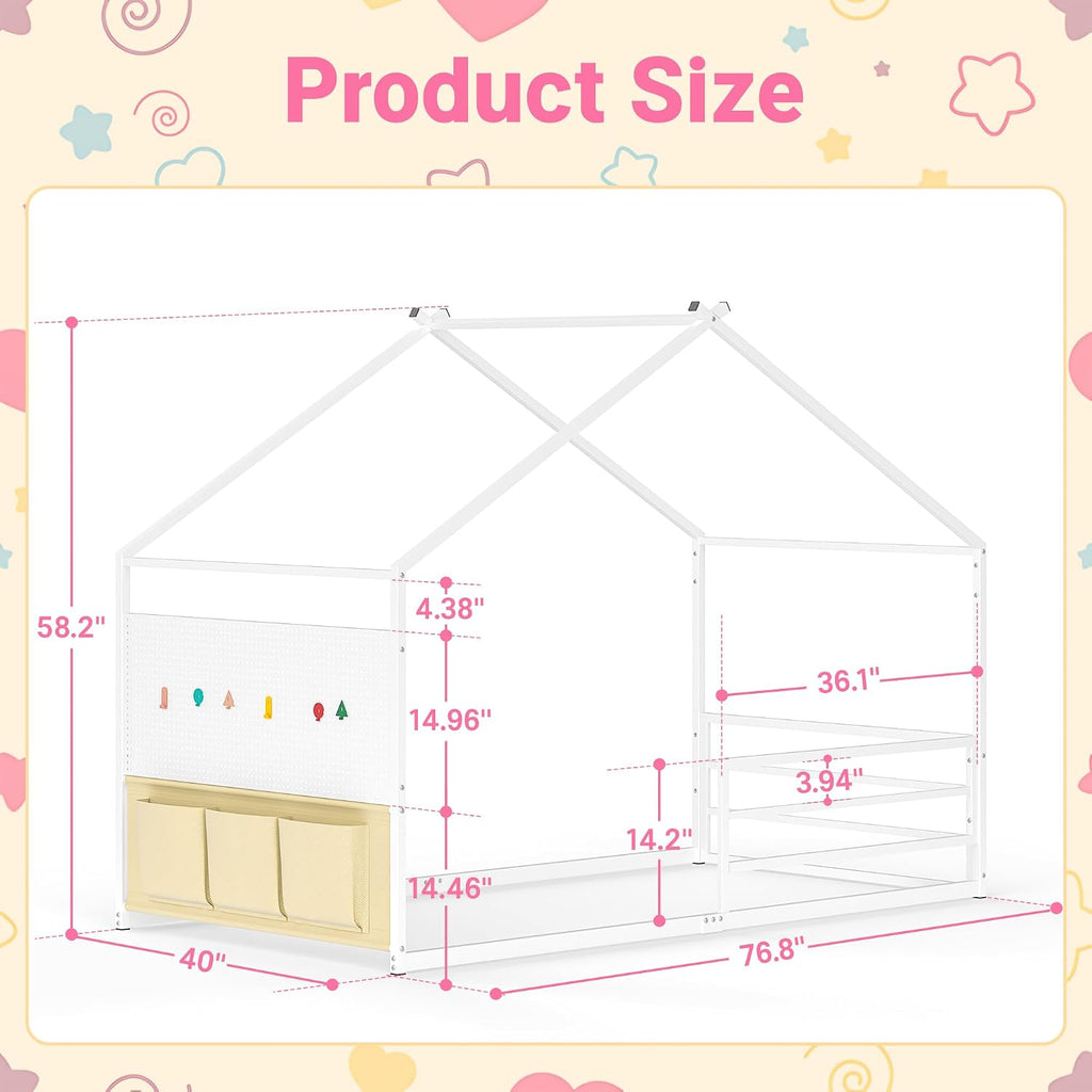 Twin Montessori House Bed for Kids with Storage Caddy and Pegboard, White | Metal Floor bed; storage caddy &