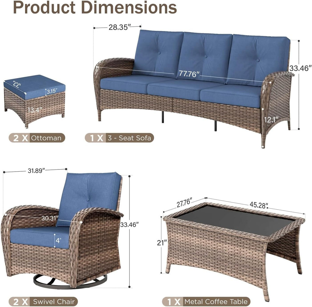 Patio Furniture Set 6 Pieces Wicker Outdoor Conversation Set | 2 High Back Patio Swivel Chairs, 3-Seat Rattan Patio