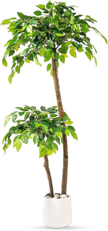 4FT Artificial Ficus Tree with White Planter and Pebbles,Faux Silk Tree with Lifelike Leaves and Realistic Trunk,Tall