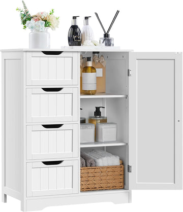 Bathroom Storage Cabinet with 4 Beadboard Drawers and Door, White | Floor Cabinet Hides Towels and Toiletries in