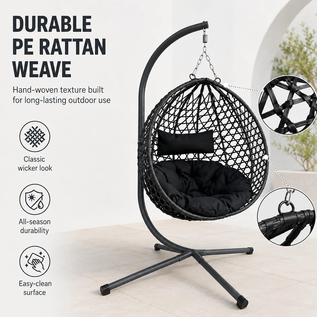 PE Rattan Hanging Egg Chair with Stand, Outdoor Folding Hammock Swing Chair Balcony Backyard Bedroom, Heavy Duty