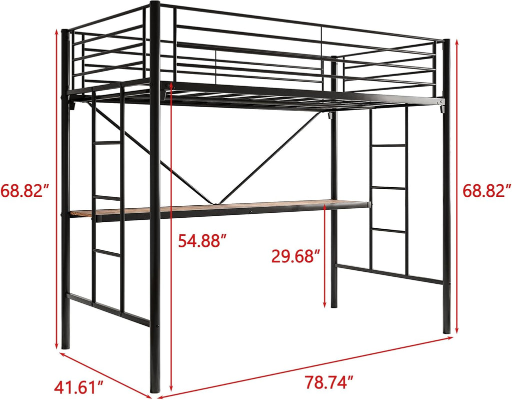Metal Loft Bed with Desk & 2 Built-in Ladders,Safety Guard Rail, Space-Saving Design, No Box Spring Needed, Twin Black
