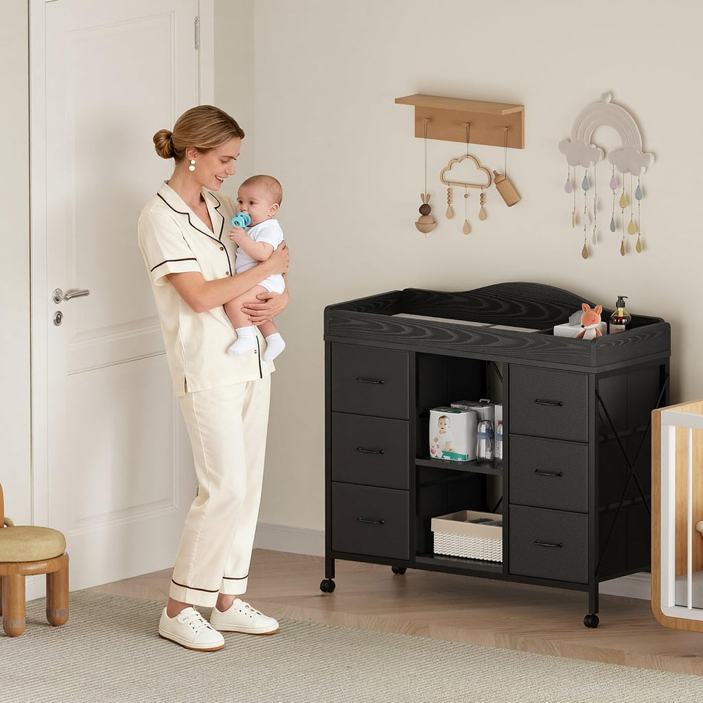 Changing Table, 6-Drawer Dresser, Adjustable Shelves, Mobile, Black | Changing Table,Waterproof Diaper pad & Safety