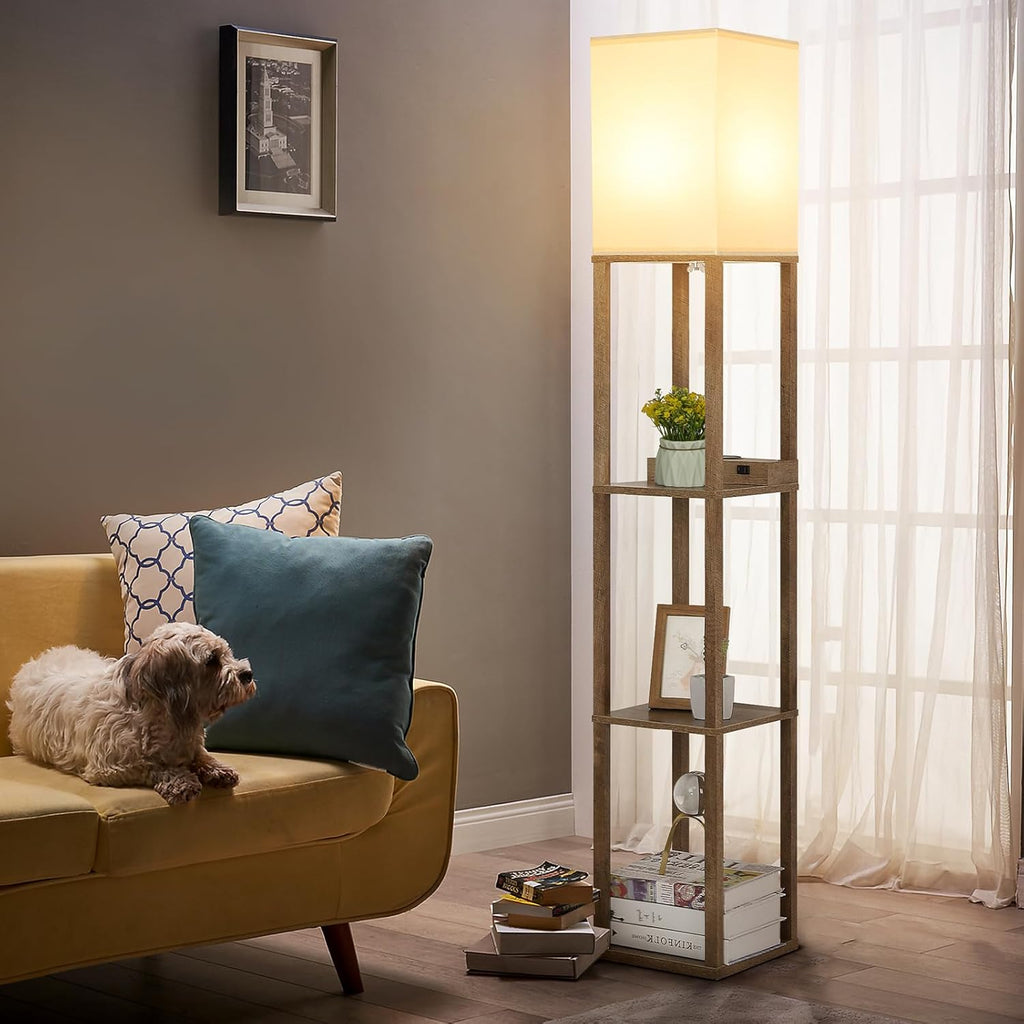 Modern Shelf Floor Lamp with Wireless Charger & Fast Charging USB Ports & Type C Port & 2 Power Outlets