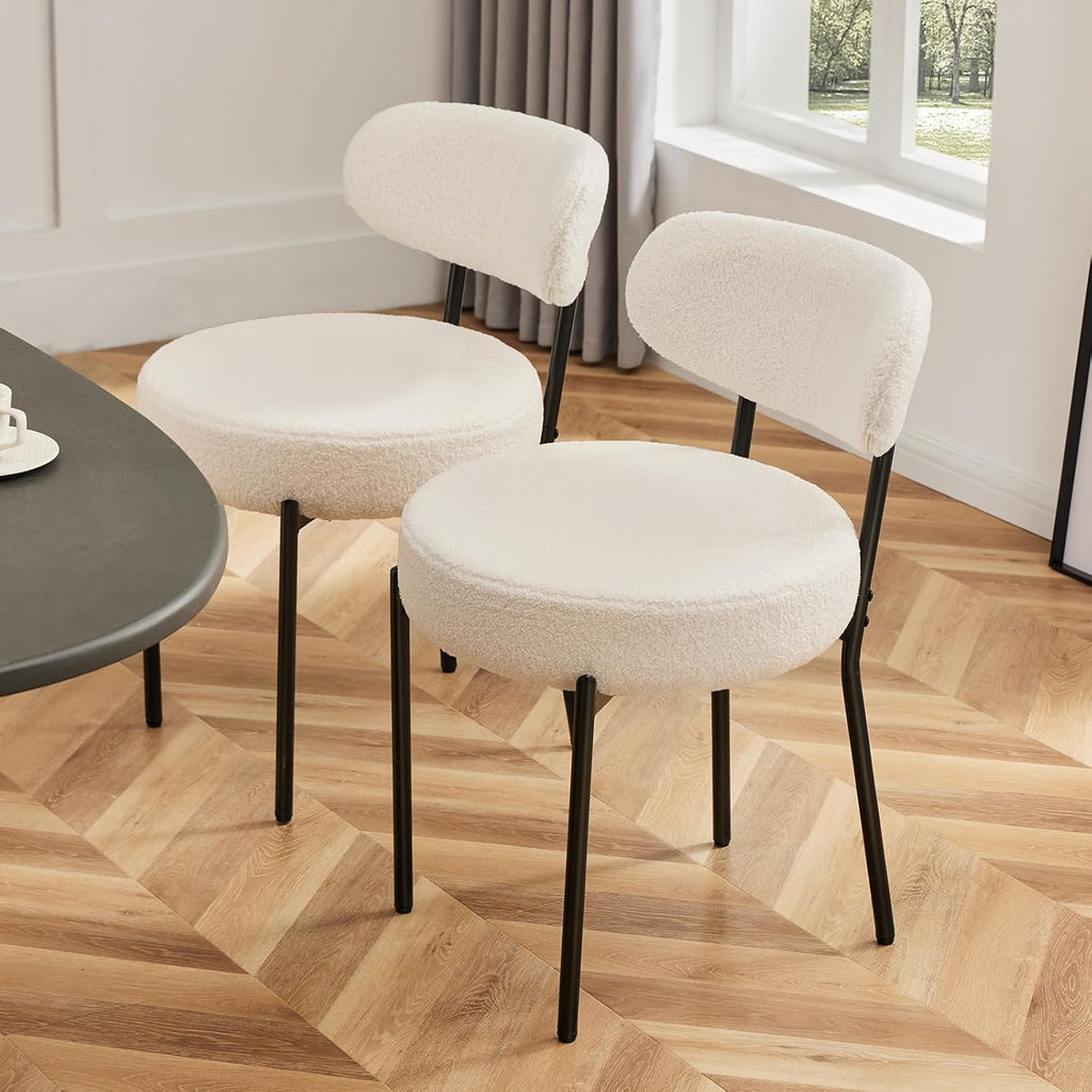Dining Chairs Set of 2, Boucle Upholstered Modern Mid Century Round Kitchen Chairs with Curved Backrest & Metal Legs