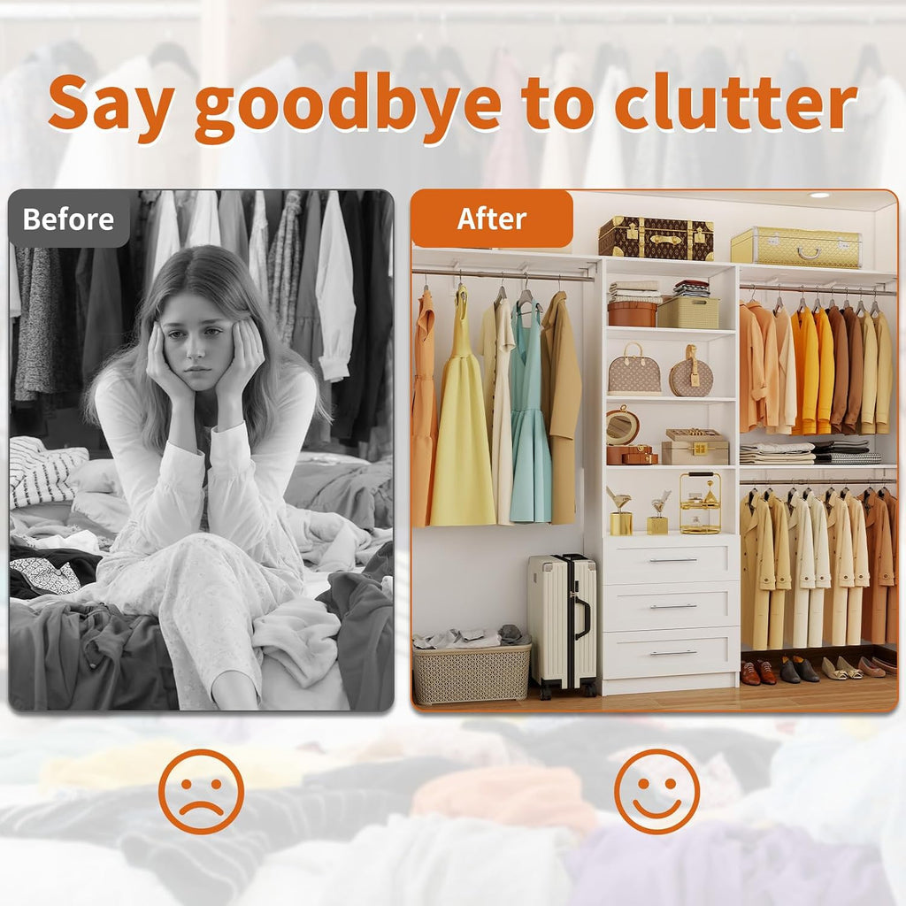 Closet System with Drawers, 5-7.61FT Closet Organizer System with Cuttable Shelves & 3 Expandable Hanging Rods, 96"