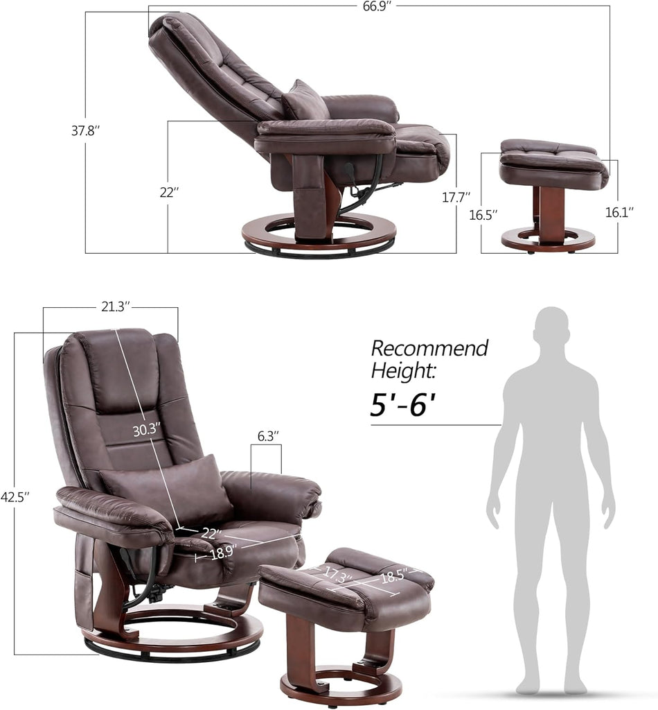Modern Reclining Swivel Lounge Chair and Ottoman — Brown Faux Leather