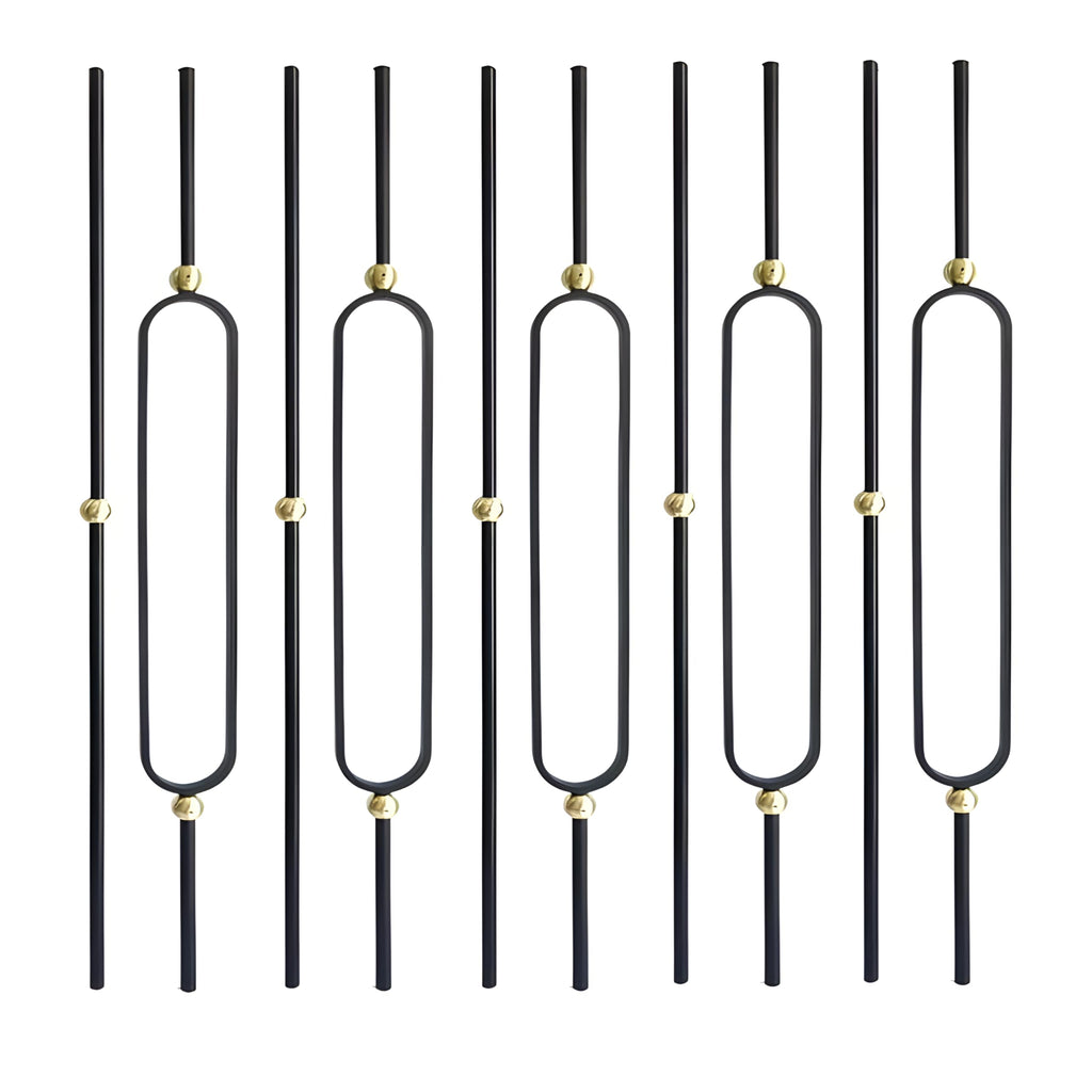 Round 5/8" * 44" Wrought Iron Balusters for Indoor Stair Railing (5 Pcs Oval Design with Brass Ball + 5 Pcs Plain
