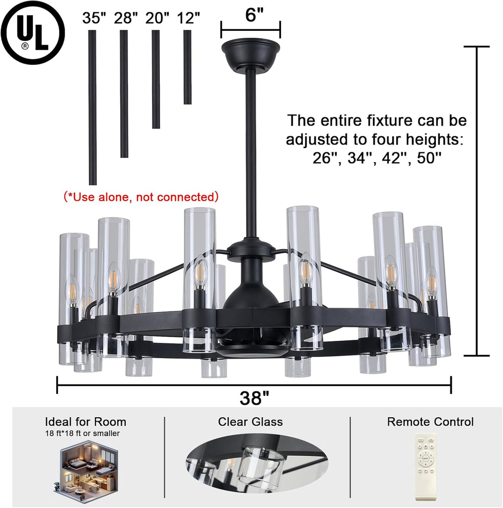 Inspired Ravelle Style Black Ceiling Fans with 12 Lights Wagon Wheel Chandelier, 38 Inch Modern Farmhouse Fandelier, Quiet 6-Speed Reversible DC Motor, 1/2/4H Remote Timing for Living Room/Bedroom/Kitchen
