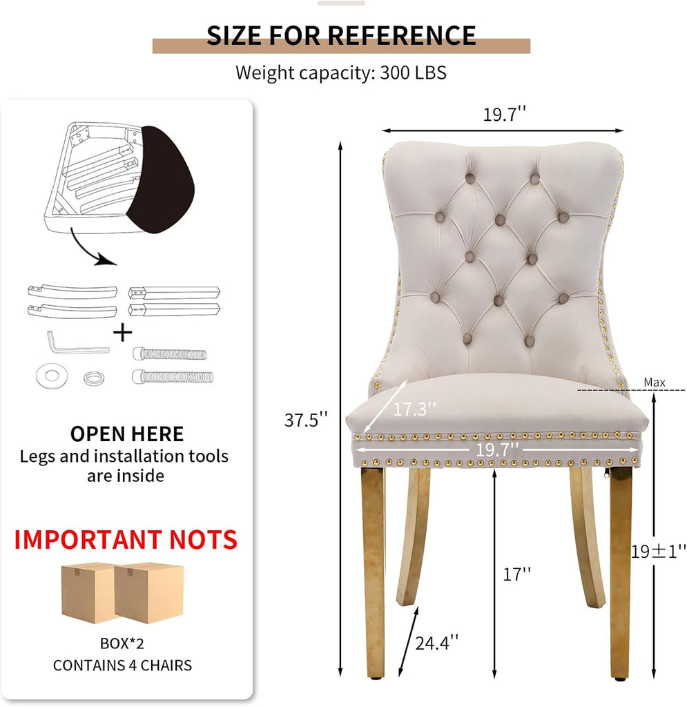 Mid Century Modern Dining Chairs Set of 4, Beige Velvet Upholstered Tufted Back, Kitchen & Dining Room Chairs, Gold