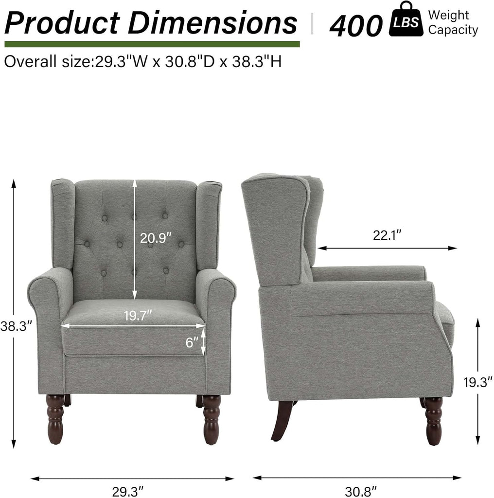 Button Tufted Wingback Accent Chair, Light Grey, Set of 1 | High Back with Side Wings | Armrest Nailhead Trim | Solid