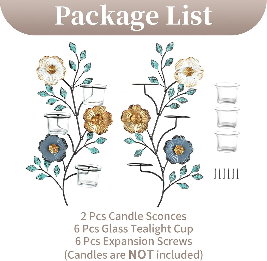 Candle Sconces Wall Decor: Wall Candle Holder with 6 Glass Cups for Tealight - Colorful Metal Flower and Leaf Sconces