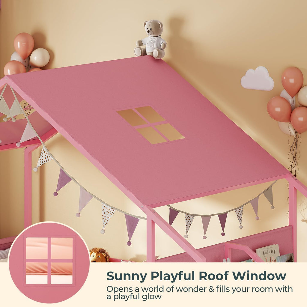 Montessori Twin Floor Bed, Safety Guardrail, Reading Nook, House Shape,Pink | Sling Bookshelves, Storage Drawers
