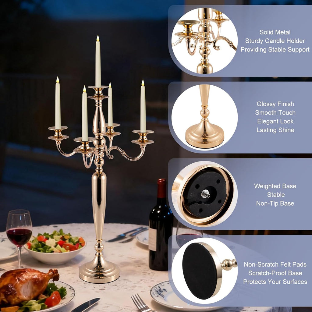 28'' Tall Gold 5 Arm Candelabra Centerpieces for Table, 4pcs Taper Candle Holder, Party, Event, Christmas Candelabra