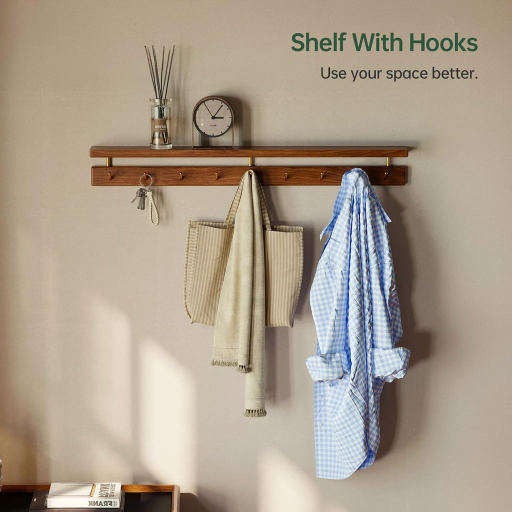 Walnut Wall Hooks with Shelf, Coat Rack Wall Mount, Entryway Hanging Shelf with 9 Brass Hooks for Hats, Clothes