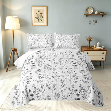 Botanical Floral Quilt Set Modern Flower Bedspread Set Farmhouse Country Quilts Minimalist Cottagecore Gray
