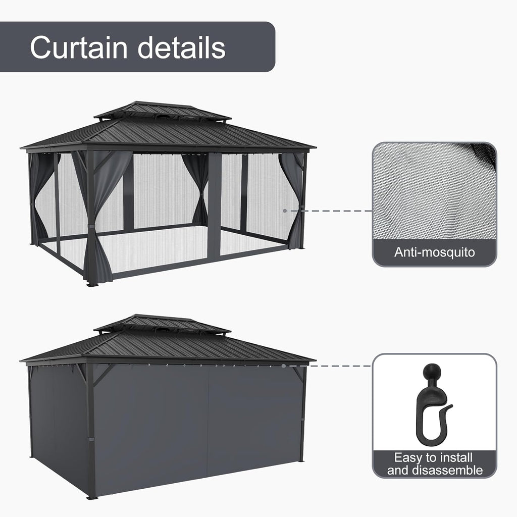 12x16FT Gazebo Hardtop Double Roof Canopy with Netting and Curtains,Outdoor Gazebo 2-Tier Hardtop Galvanized Iron