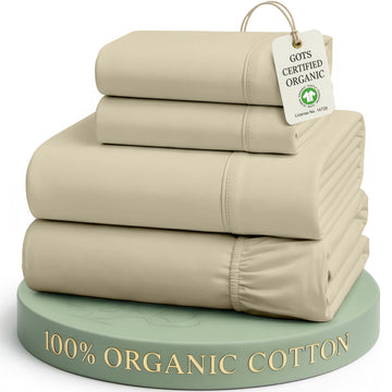 100% Organic Cotton Bed Sheets King Size, Fully Elasticized Reinforsed Seams in Fitted Pocket, Machine Washable