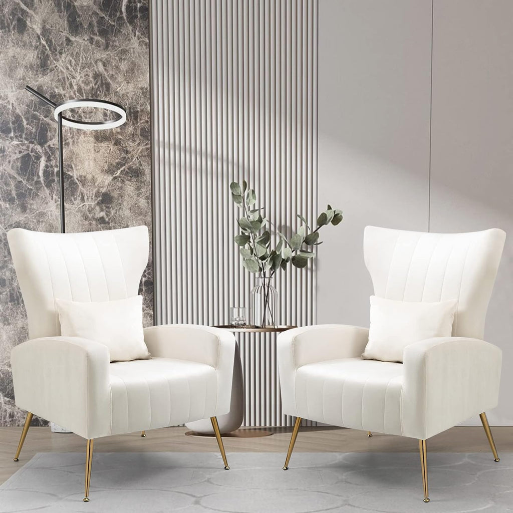 Velvet Accent Chairs Set of 2, Modern Living Room Chair with Gold Legs & Pillow, Bedroom Side Chair with High