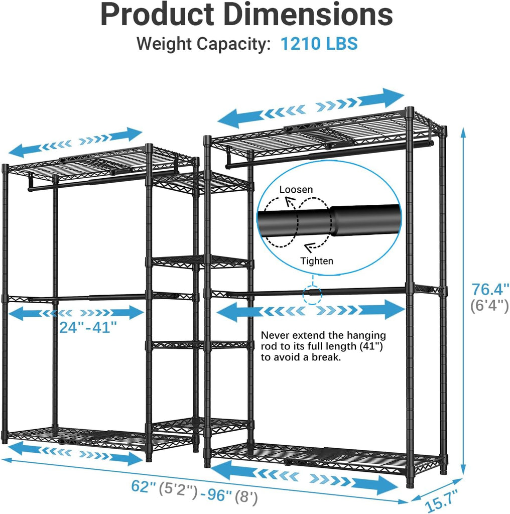 X3 Expandable Heavy Duty Clothes Rack Closet Organizer System Black | Large Freestanding Clothing Rack with
