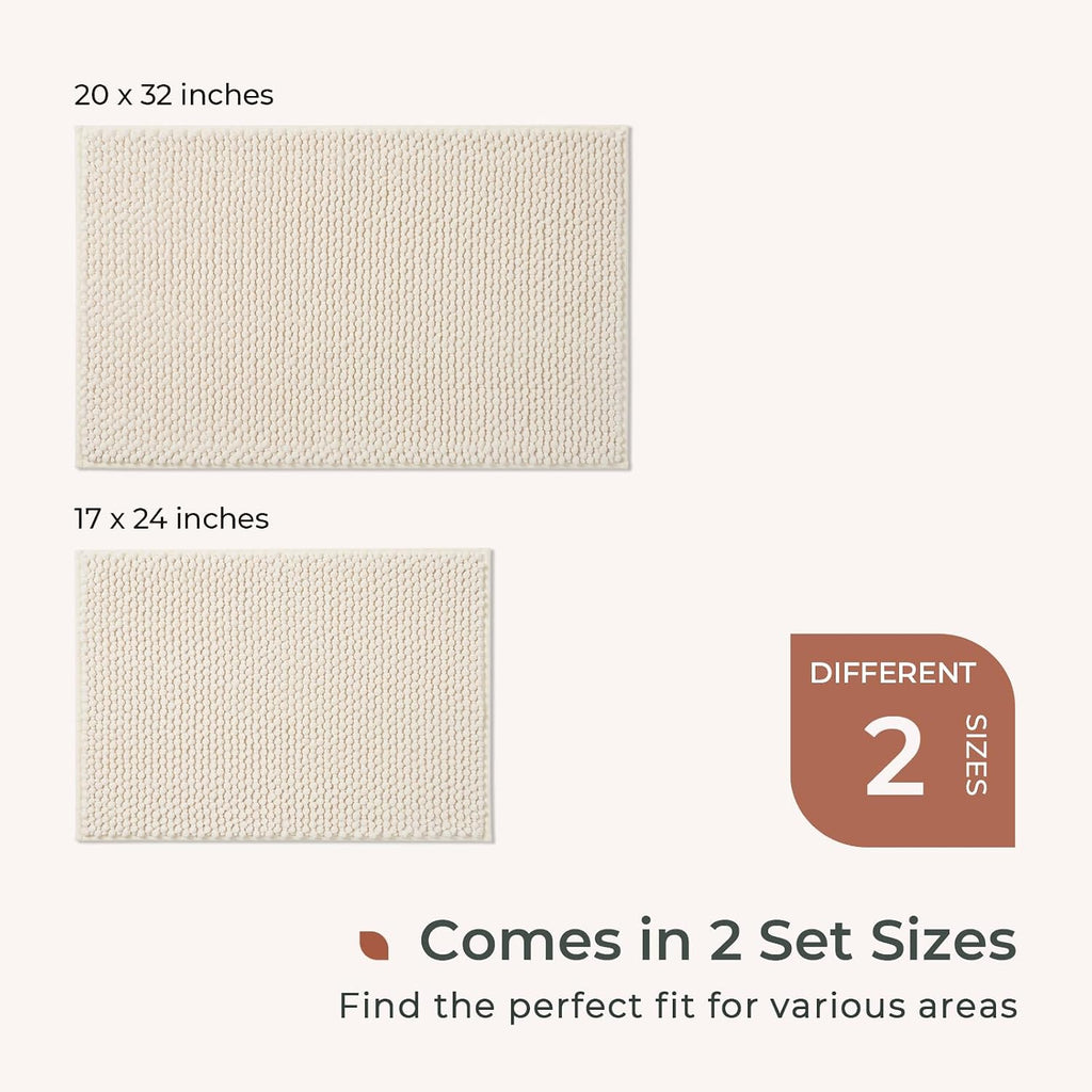 Chenille Bath Rugs Set 2 Pieces, Cream White, 17''x24''+20''x32'' | Non-Slip Bathroom Mats Set, Absorbent Fiber