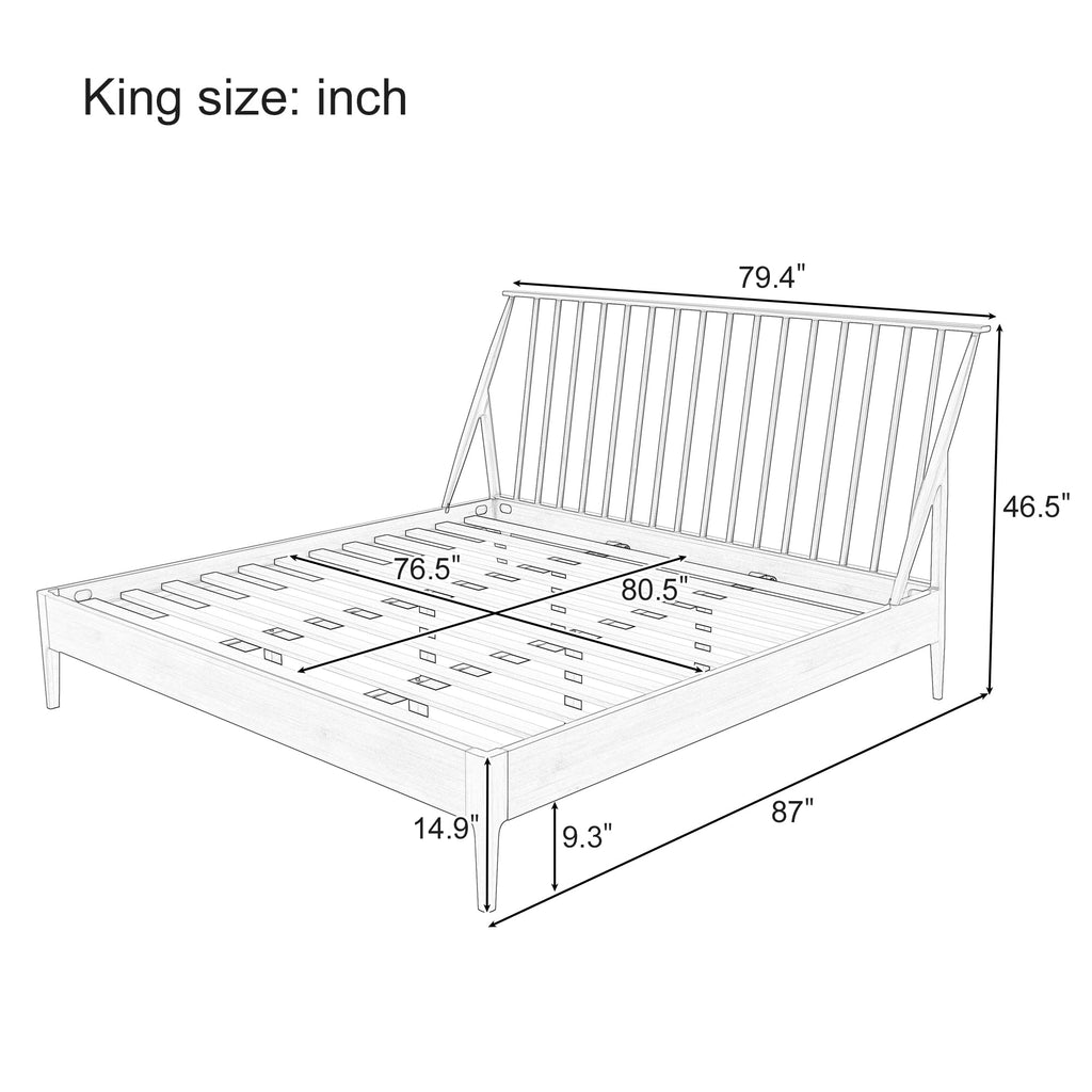 King Size Solid Bamboo Wood Spindle Platform Bed with 46.5" Tall Headboard, Bohemian Bed Frame with Wooden Slats and