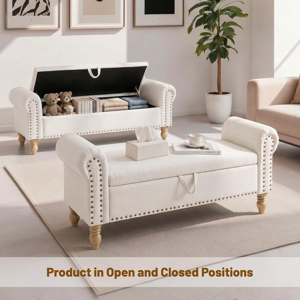 55" Linen Storage Bench, Queen End of Bed, Off-White | Linen Upholstered, Bedroom/Entryway/Closet, Storage Ottoman