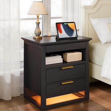 3 Drawer Nightstand with Charging Station & LED Lights & Open Shelf, Modern Night Stand with Storage, Wooden Bedside
