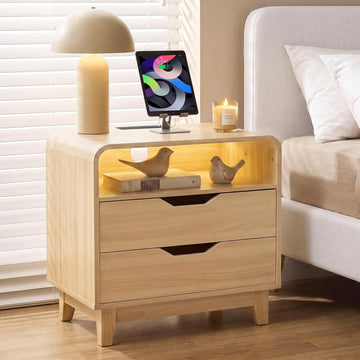 Nightstand with Charging Station, Modern Night Stand with LED Light, 23.6" Wide Wood Bed Side Table Bedroom, Large
