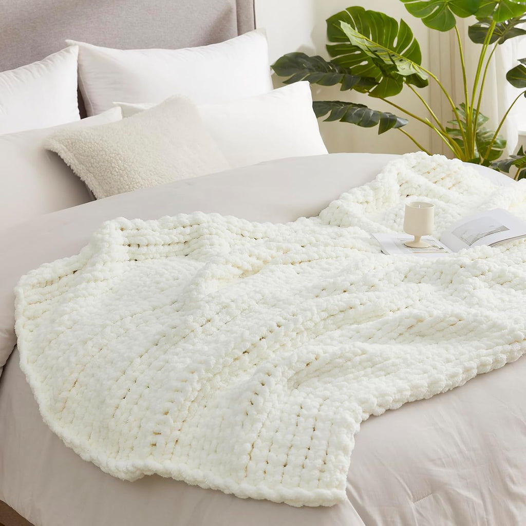 Chunky Knit Throw Blanket, Soft Chenille Handmade Crochet Throw Rope Knit Blanket, 40"x50", Ivory