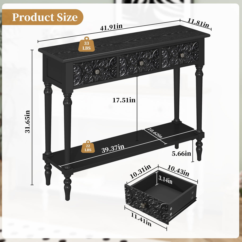 42" Carved Entryway Console Table with 3 Drawers, Black