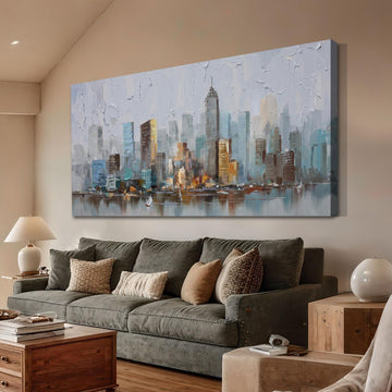Abstract Cityscape Canvas Wall Art New York City Painting Modern Skyline Colorful NYC Grey Blue Picture