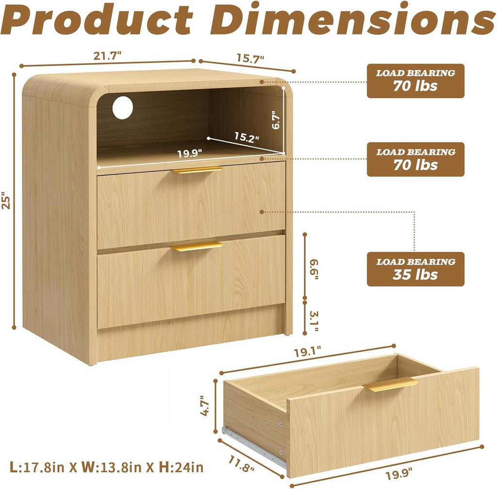 Modern Nightstand,Bedside Table,with 2 Drawers and Open Shelf, Oak Side Table, End Table ,Curved Profile