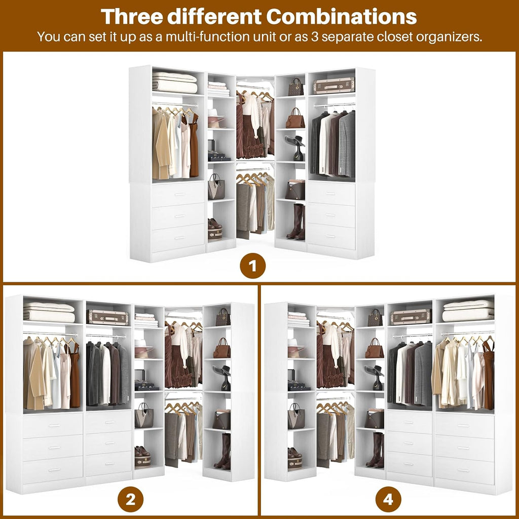 Corner Closet System with 6 Drawers, Corner Closet Organizer System | Reversible L Shaped Walk-in Closets with 14