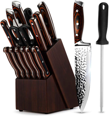 Kitchen Knife Sets with Block, 15-Piece High Carbon Stainless Steel Knife Block Set with Sharpener, Ultra-Sharp