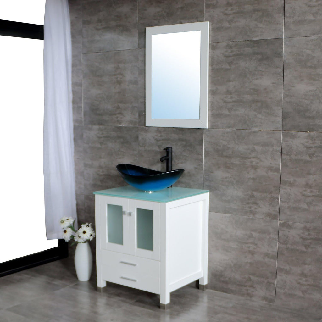 24" Bathroom Vanity Tempered Glass Vessel Sink Combo Cabinet Countertop Sink Bowl w/Mirror Set (Blue Oval)