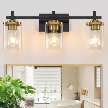 3-Lights Black and Gold Bathroom Light Fixtures Over Mirror, Modern Brushed Gold Vanity Lights , Sconces Wall