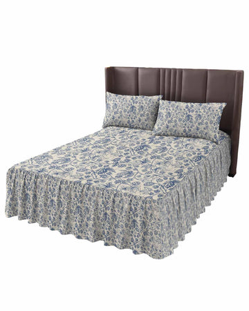Ruffle Skirt Bedspread for Bed Vintage Pastoral Floral Botanical Leaf 3 Piece Bedding Cover with Pillow
