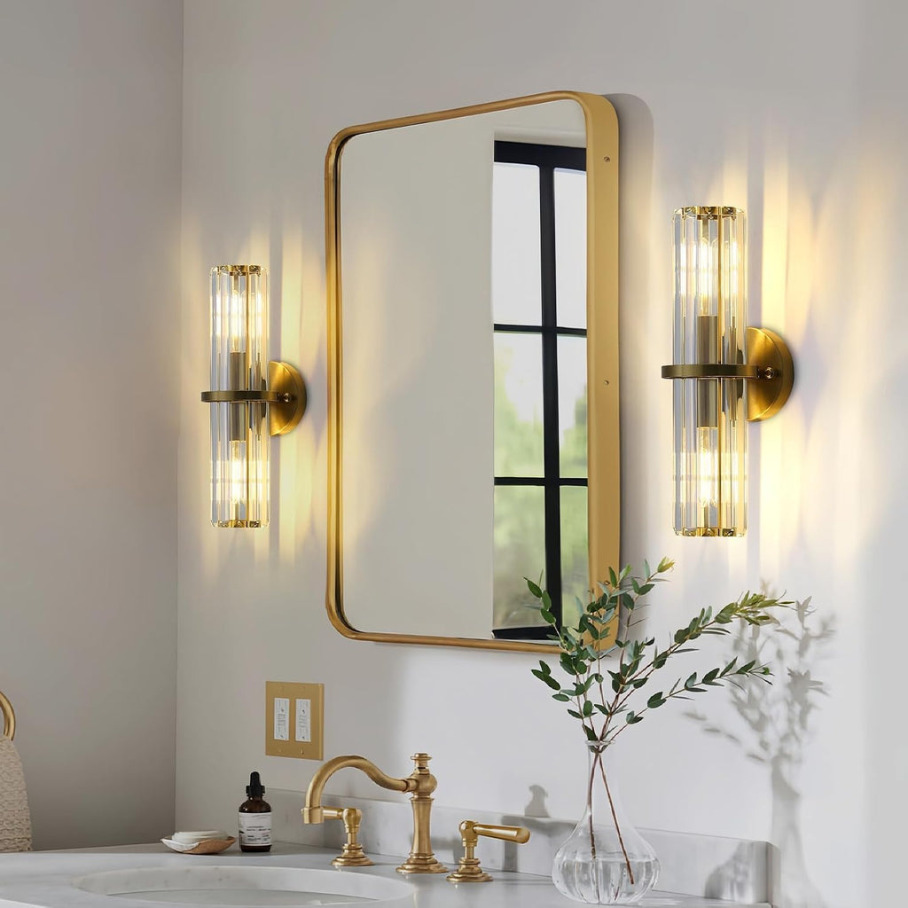 Crystal Wall Sconce Set of 2, Gold Crystal Bathroom Wall Light, Modern Sconces Wall Decor 2-Light Luxury Indoor Wall