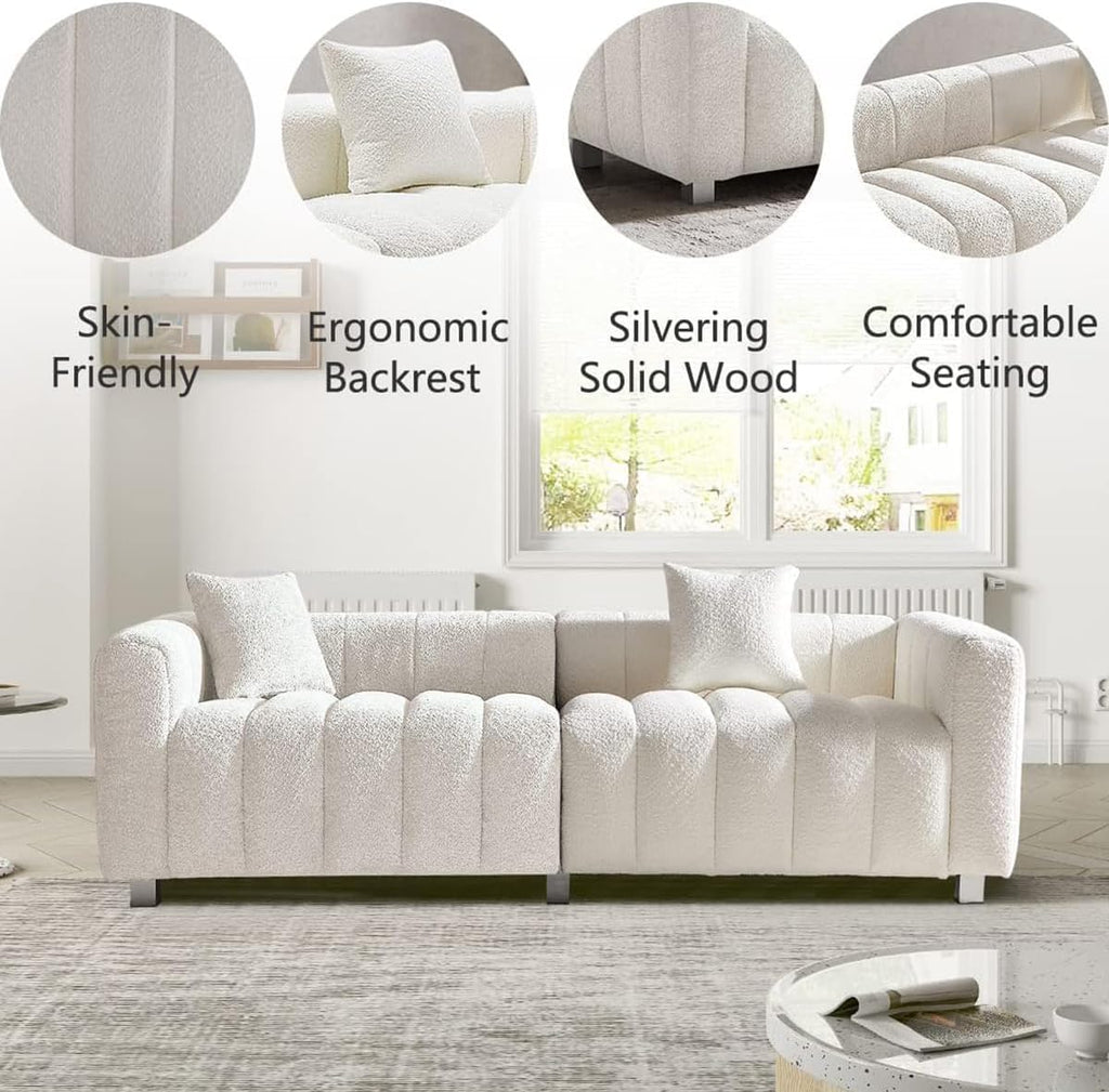 84" Oversized Sofa,Modern Teddy Loveseat Sofa (Lvory White) | Upholstered Tufted Couch,with 2 Accent Pillow,3 Seater