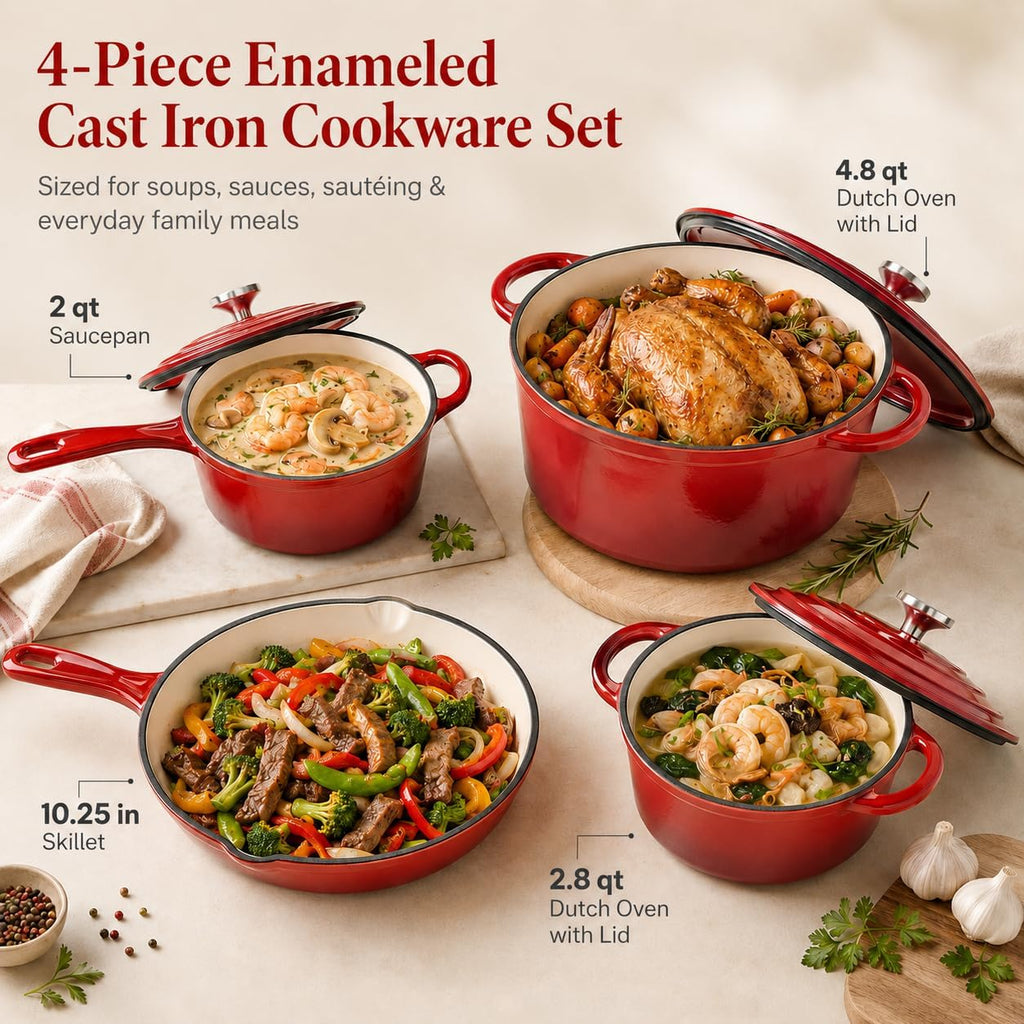 Enameled Cast Iron Cookware Set,7 Piece Dutch Ovens Set,Red | Ceramic Coated Cast Iron,Sauce Pan,Skillet,3 Lids,Pots
