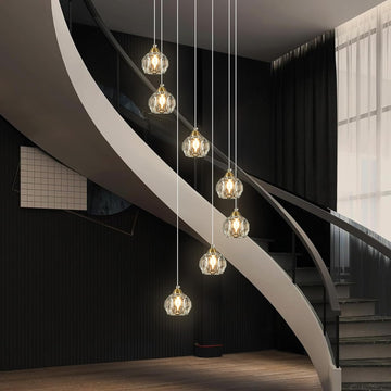 Crystal Chandeliers for Staircases, 7-Light Gold Modern Chandeliers for High Ceilings, Crystal Pendant Light Fixture for Living Room Kitchen Island Foyer Hallway Bar