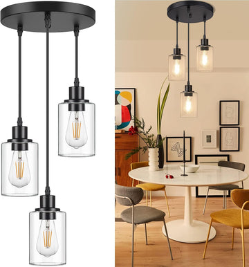 Industrial 3-Light Pendant Light, Adjustable Hanging Light Fixture with Clear Glass Shade, Pendant Lighting E26 Base