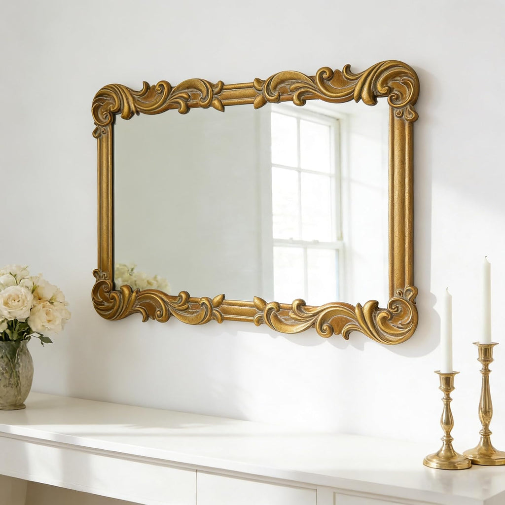 Antique Gold Baroque Mirrors for Wall Decor 30 X 21 Inch, Hanging Rectangular Wooden Frame Vintage Mirror