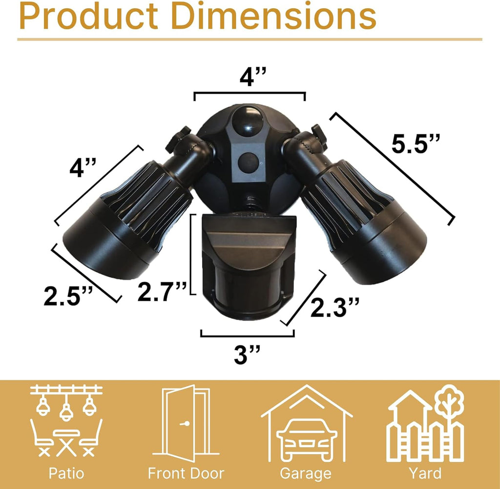 LED Black Motion Sensor 2-Light Bullet Flood Light- 3000K Adjustable Dual Head Outdoor Security Light, Dusk to Dawn