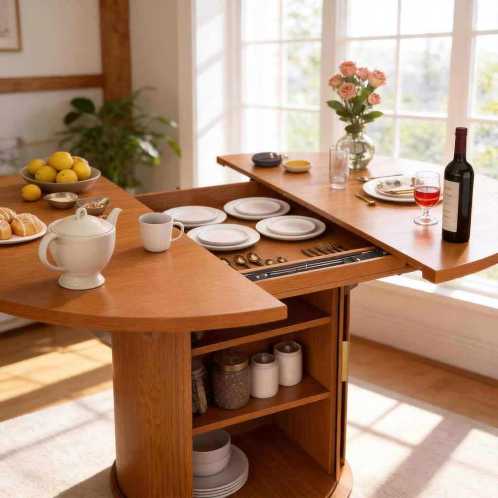 Extendable Round Dining Table: 47″ - 63″ Kitchen Table for 4 6 8 with Dust-Proof 2-Tier Storage Shelf Space Saving