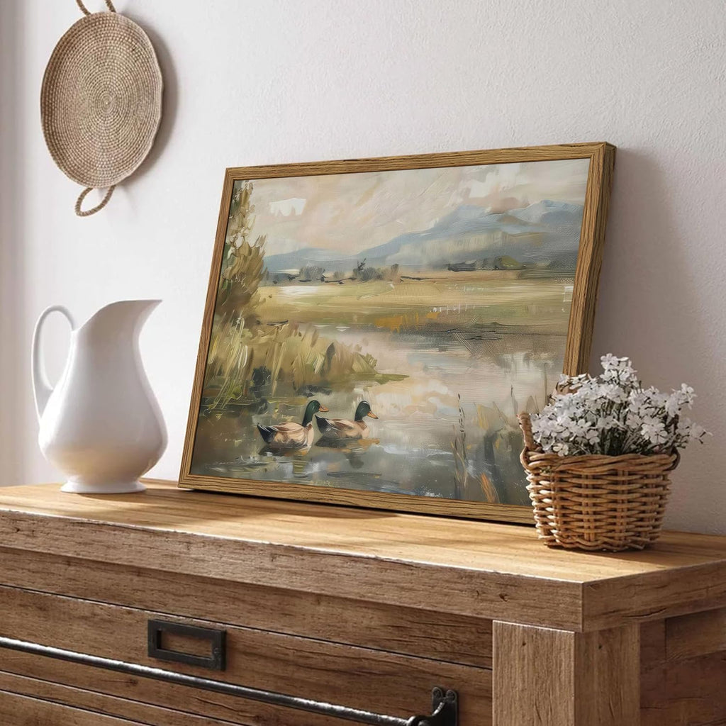 Framed Vintage Mallard Duck Wall Art Countryside Wildlife Pond Nature Canvas Prints Rustic Landscape Pictures Wall