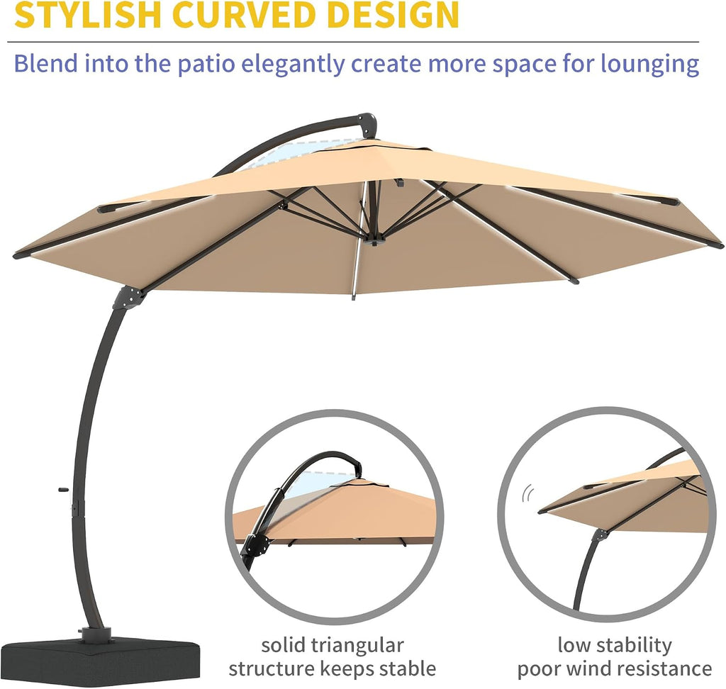 11ft Offset Cantilever Patio Umbrella with Solar Lights, Large Round Outdoor Umbrella with Base Included