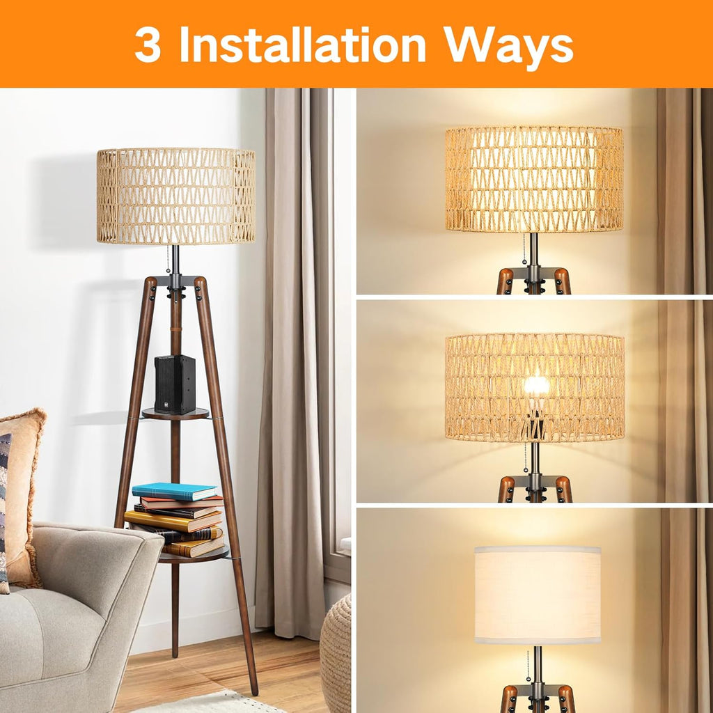 Boho Rattan Tripod Floor Lamp with Shelves, Dimmable Mid Century Modern Standing Lamp with Remote Control