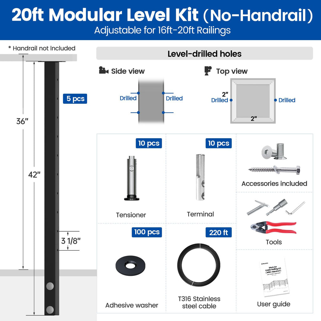 16-20ft Side Mount Modular Cable Railing Kit for Decks 36 Inch RW21